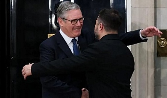 Sir Keir Starmer and Volodymyr Zelenskyy sharing a hug outside of 10 Downing Street on Sunday