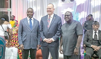 Rolf Olson (2nd from left), Charge d’Affaires of the US Embassy, flanked  by Julius Debrah (2nd from right), Chief of Staff, and Dr Dominic Ayine, Attorney-General, at the event. With them is King Tackie Teiko Tsuru II (seated right), the Ga Mantse. Picture: DOUGLAS ANANE-FRIMPONG