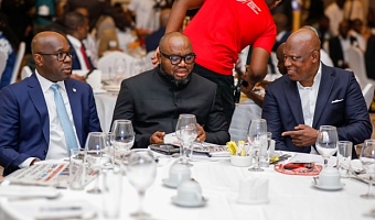 Ato Afful (right), Managing Director, Graphic Communications Group Ltd, interacting with Mohammed Adams Sukparu (middle), Deputy Minister of Communications, Digital Technology and Innovations, and Kwamina Asomaning, Managing Director and Chief Executive of Stanbic Bank Ghana, during the Graphic Business/Stanbic Bank Breakfast Meeting. Picture: ELVIS NII NOI DOWUONA