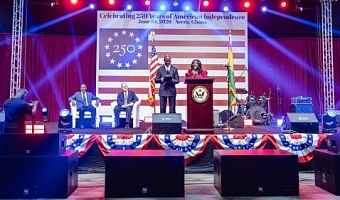 Rolf Olson (2nd from left), Charge d’Affaires of the US Embassy, flanked  by Julius Debrah (2nd from right), Chief of Staff, and Dr Dominic Ayine, Attorney-General, at the event. With them is King Tackie Teiko Tsuru II (seated right), the Ga Mantse. Picture: DOUGLAS ANANE-FRIMPONG