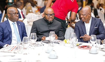 Ato Afful (right), Managing Director, Graphic Communications Group Ltd, interacting with Mohammed Adams Sukparu (middle), Deputy Minister of Communications, Digital Technology and Innovations, and Kwamina Asomaning, Managing Director and Chief Executive of Stanbic Bank Ghana, during the Graphic Business/Stanbic Bank Breakfast Meeting. Picture: ELVIS NII NOI DOWUONA