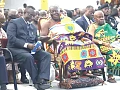 Otumfuo Osei Tutu II, the Asantehene, interacting with Justice Paul Baffoe-Bonnie (left), the Chief Justice, during the 150th anniversary lecture of the Supreme Court of Ghana. Looking on is Ogyeahoho Yaw Gyebi II (right), President, National House of Chiefs