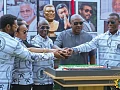 President John Dramani Mahama (2nd from left) with Fifi Fiavi Kwetey (3rd from left), General Secretary of the NDC; Johnson Asiedu Nketiah (3rd from right), National Chairman of the NDC; Dr Zanetor Agyeman-Rawlings (left), MP for Korle Klottey and daughter of the late President, among others after the unveiling of the bust of the late President