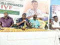 Doris Anum-Dorhuso, the 61-year-old with her daughter, Naa Dromo, the two medical specialists that saw her through the process - Dr Richard Asamoah (extreme right), Specialist Obsterician Gynaecologist and Stem Cell Practitioner, and Dr  Davis Kofie Adedze (middle), Director and Chief Executive Officer of Mary-Lucy Hospital, Awoshie in Accra, at the press conference. On the extreme left is Christian Owusu-Boateng, Chief Administrator of the hospital