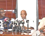 James Agalga (middle), Majority Leader, addressing the press