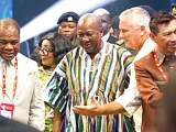 President John Dramani Mahama (middle) interacting with Rev. Stephen Wengam (left), General Superintendent of Assemblies of God Ghana, and Rev. Doug Clay (2nd from right), Global Vice-Chairman, World Assemblies of God Fellowship, during the event. With them are Rev. Dominic Yeo (right), Chairman, World Assemblies of God Fellowship, and Lordina Mahama (2nd from left), the First Lady. Picture: ELVIS NII NOI DOWUONA