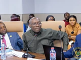 Dr Cassiel Ato Forson (3rd from left), Finance Minister, Thomas Nyarko Ampem, (2nd from left), Deputy Finance Minister, with Joshua Ansah (3rd from right), Secreatary-General, TUC, and other union leaders after the meeting