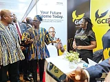 President John Dramani Mahama (left), Prosper Hoetu, CEO, NHF; and other dignitaries touring some exhibition booths at the 2026 National Conference on Housing Finance in Accra