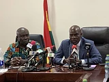 Haruna Iddrisu (right), Minister of Education, briefing the media on the outcome of the meeting with the three teacher unions. With him is Emmanuel Kwadwo Agyekumthe, Minister of Employment and Job Creation