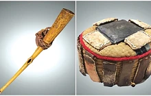 Ivory trumpet with attached skull fragment (produced before 1896). It is being held by Fowler Museum, UCLA, A Dagbon warrior’s headgear which was looted on Adigbo battlefield by colonial German soldiers