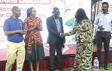 Harriet Nuamah Agyemang (2nd from right), Country Director of SEND Ghana, exchanging pleasantries with Dr Hafiz Adam Taher (3rd from right), the Director of Technical Coordination at the Ministry of Health, after the launch of the Mass Media Campaign on Front-of-Pack Warning Labelling. With them are other dignitaries. Picture: EDNA SALVO KOTEY
