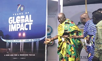 Otumfuo Osei Tutu II, the Asantehene, and Akyamfuor Asafo Boakye Agyemang-Bonsu, Council Chairman, KNUST, in a chat, after unveiling a giant prototype of the KNUST Book (left).‎ Pictures: EMMANUEL BAAH