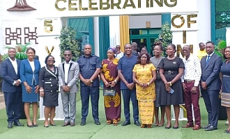 Prof. Randolph Nsor-Ambala (middle), CEO of DBG, and some dignitaries after the DBG’s 5th anniversary launch in Kumasi. Those with them include Aaron Rex Opoku-Ahene (4th from left), CEO, Sinapi Aba Savings and Loans Limited