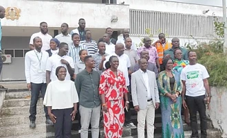 Prof. Nana Ama Brown Klutse (3rd from left, front row), Chief Executive Officer of the EPA, and Joseph Nelson (3rd from right, front row), the Western Regional Minister, with other officials after the courtesy call