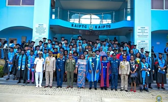 Air Vice Marshal David Anettey (5th from right), Commandant of the Kofi Annan International Peacekeeping Training Centre Justice Professor Henrietta Mensah-Bonsu (5th from left), the Keynote Speaker and Special Guest of Honour and other dignitaries and graduates in group photograph. 