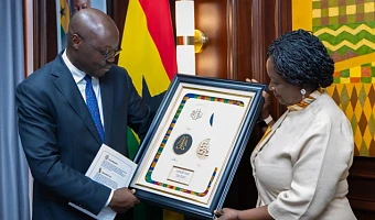 Vice-President Prof. Naana Jane Opoku-Agyemang (right), in a hearty interaction with Dr Cassiel Ato Forson, Minister of Finance, during the visit