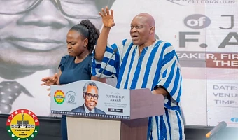 Justice William Atuguba (left), former Justice of the Supreme Court, interacting with Mahama Ayariga (middle), Majority Leader in Parliament. Looking on is Alexander Afenyo-Markin (right), Minority Leader, after the lecture in Parliament. Picture: ELVIS NII NOI DOWUONA 
