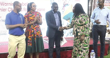Harriet Nuamah Agyemang (2nd from right), Country Director of SEND Ghana, exchanging pleasantries with Dr Hafiz Adam Taher (3rd from right), the Director of Technical Coordination at the Ministry of Health, after the launch of the Mass Media Campaign on Front-of-Pack Warning Labelling. With them are other dignitaries. Picture: EDNA SALVO KOTEY