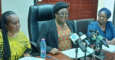 Mrs Appiagyei (middle), the Deputy Minority Leader, adressing the press. Flanking her are some members of the Minority Women's Caucus