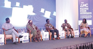 Kwaku Owusu Peprah (2nd from right), Manager, Multimedia Group Limited, in a panel discussion with Dr Edith Dankwa (right), CEO of B&FT; Dr Francis Sowa (middle), National Coordinator, Media Reform Coordinating Group, and Theo Sowa (2nd from left), Independent Philanthropic Advisor. Moderating is Makmid Kamara (left), Regional Director, Africa and Middle East. Picture: ERNEST KODZI