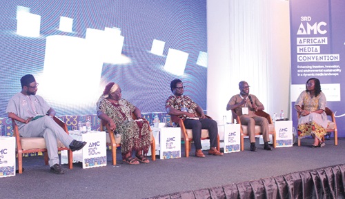 Kwaku Owusu Peprah (2nd from right), Manager, Multimedia Group Limited, in a panel discussion with Dr Edith Dankwa (right), CEO of B&amp;FT; Dr Francis Sowa (middle), National Coordinator, Media Reform Coordinating Group, and Theo Sowa (2nd from left), Independent Philanthropic Advisor. Moderating is Makmid Kamara (left), Regional Director, Africa and Middle East. Picture: ERNEST KODZI